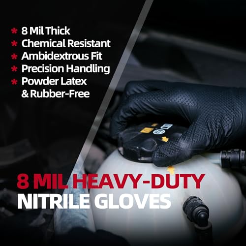 Jointown Basic Heavy Duty Nitrile Gloves, 8 Mil Black Mechanic Disposable Gloves X-Large with Raised Diamond Texture, Latex Free, Powder Free Industrial Automotive Work Gloves Box of 200