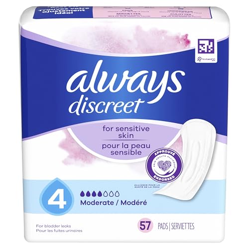 Always Discreet Incontinence Pads for Women with Bladder Leaks, Sensitive Skin Pads Moderate Absorbency, Regular Length, 57 Count