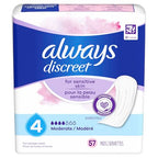 Always Discreet Incontinence Pads for Women with Bladder Leaks, Sensitive Skin Pads Moderate Absorbency, Regular Length, 57 Count