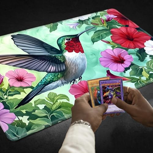 Playmats for Magic: The Gathering MTG Card Game Mat Plus 50 Pcs Card Sleeves, 24 x 14 inch TCG Mat with Stitched Edge for Commander Deck Duskmourn Board Game, Hummingbird Flowers