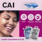 Body Glitter Gel- Face, Body & Hair (2 PK Silver/Violet) Chunky Iridescent Holograph Stars & Moon, 6 oz | Cosmetic-Grade Makeup, Apply Without Glue, Easy to Take Off & Keep Skin Clean - for Raves