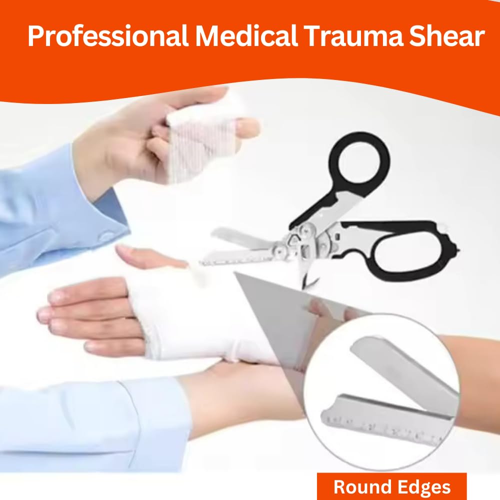 6 in 1 Multifunctional Trauma Shears Foldable with Strap Cutter | Heavy Duty Stainless Steel Emergency Response Shears | Survival Shears With Holster | Medical Trauma shears Tactical | Black