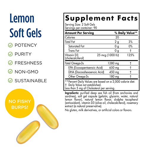 Nordic Naturals ProOmega-D, Lemon Flavor - 180 Soft Gels - 1280 mg Omega-3 + 1000 IU D3 - High-Potency Fish Oil - EPA & DHA - Brain, Eye, Heart, Joint, & Immune Health - Non-GMO - 90 Servings