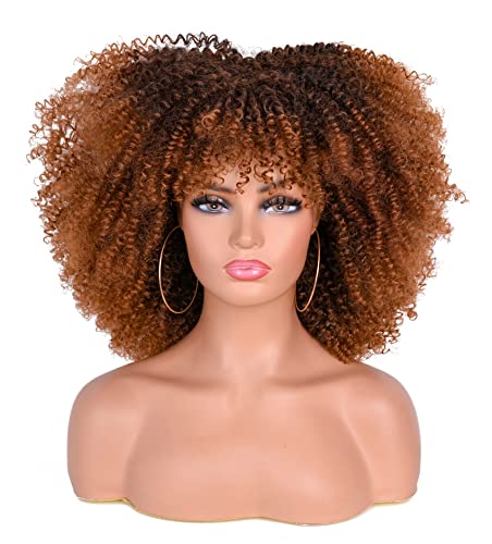 ANNISOUL 14Inch Short Curly Afro Wigs for Black Women Bomb Afro Kinky Curly Wig with Bangs Synthetic Fiber Full Wig(Black to Brown)
