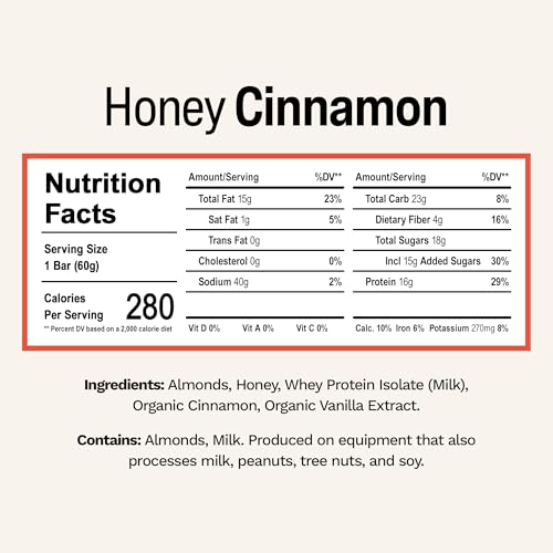 Rise Whey Protein Bars - Honey Cinnamon | Breakfast Bar & Protein Snack 18g Protein 4g Fiber Just 5 Whole Food Ingredients Gluten-Free Soy Free