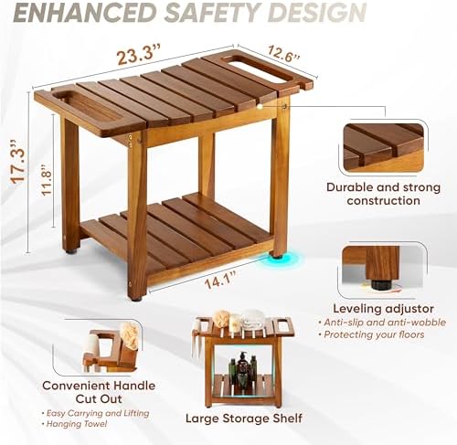 BLUEWEST Shower Bench Seat with Storage Shelf, Natural Wood Shower Benches for Inside Shower to Sit on, Waterproof Bathroom Spa Bench Stool for Legs Shaving with Built-in Handle & Shower Head Holder