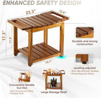 BLUEWEST Shower Bench Seat with Storage Shelf, Natural Wood Shower Benches for Inside Shower to Sit on, Waterproof Bathroom Spa Bench Stool for Legs Shaving with Built-in Handle & Shower Head Holder