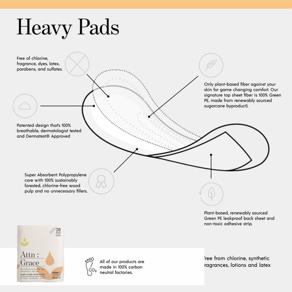 Attn: Grace Heavy Incontinence Pads for WomenWomen 2-Pack (56 Pads Total / 28 per Pack) - High Absorbency for Sensitive Skin - Protection for Heavy Bladder Leakage/Discreet, Breathable, & Plant-Based