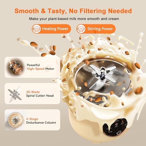 50oz Nut Milk Maker, 10 in 1 Automatic Nut Milk Maker with 20 Blades,Almond Milk Machine,Plant Based Milks Homemade Oat,Chowder,Juice,Soy Milk Machine with Delay Start,Boil Water,Keep Warm&Auto Clean