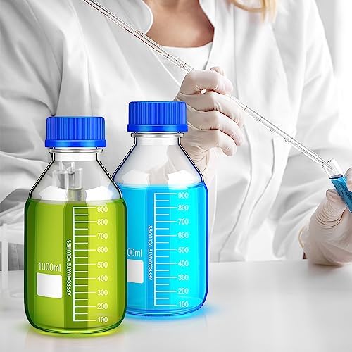 Irenare 8 Pieces Media Storage Bottles Borosilicate Storage Glass Scientific Round Graduated Media Bottle with Blue Gl45 Screw Cap for Lab Water Reagent Liquids(1000 ml)