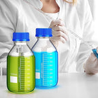 Irenare 8 Pieces Media Storage Bottles Borosilicate Storage Glass Scientific Round Graduated Media Bottle with Blue Gl45 Screw Cap for Lab Water Reagent Liquids(1000 ml)