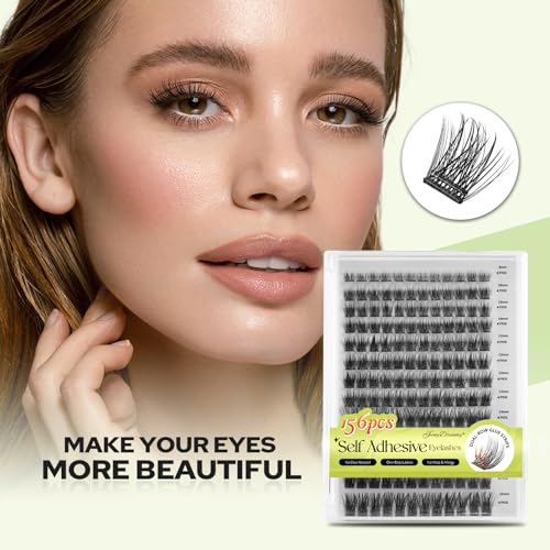 Self Adhesive Lash Clusters 156PCS No Glue Needed Self Adhesive Eyelashes 8-16mm Mix Self Stick Eyelash Clusters Pre-Glued 0.07mm Thickness One-Step Cluster Lashes Press on Lashes