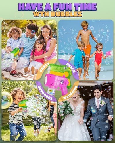 Bubble Gun 2 Packs for Kids, Automatic Bubble Machine with 2 Bottles &25 Bags Refill Solution, Bubble Maker Gifts for Kids, Outdoor Game Toys for Boys&Girls Ages 3+ (Green&Pink(8-Hole))