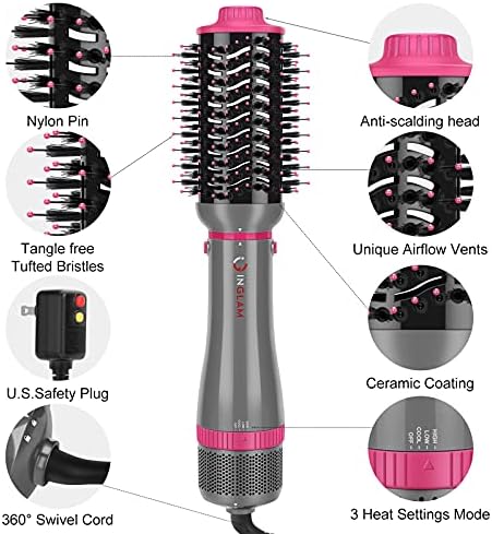 IG INGLAM 4 in 1 Blowout Brush, Negative Ion Detachable Hair Dryer & Styler Volumizer Hot Air Brush with 2 Styling Brush Heads, Silver