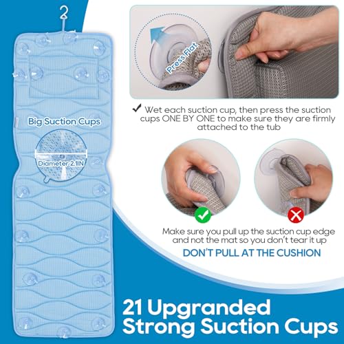 OMYSTYLE Full Body Bath Pillow, Bath Pillows for tub with Mesh Washing Bag & 21 Non-Slip Suction Cups, Spa Bathtub for Head Neck Shoulder and Back Support - 5D Air Mesh & Quick Drying | Blue