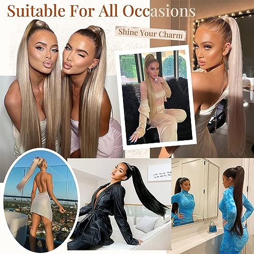 FLUFYMOOZ ponytail extension, 26 Inch Long Straight Drawstring Ponytail Synthetic Hairpieces Fake Pony Tails Natural Soft Clip in Hair Extension ponytail for Women (Medium Brown with Medium Auburn)