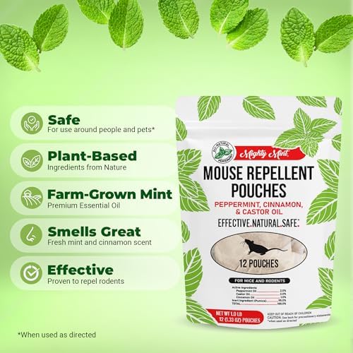 Mighty Mint Mouse Repellent Pouches, Peppermint Rodent Deterrent for Home, RV, and More, 12 Pack