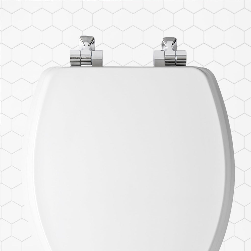 Mayfair Bennett Toilet Seat with Chrome Hinges, Slow Close Wood Seat, Secure Metal Hinges, Easy Install, Made in USA, Round, White