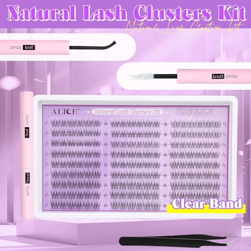 ALICE Natural Lash Clusters Kit Clear Band Wispy Lash Extension Kit Cluster Eyelash Extension Kit 162pcs C Curl 11-13mm Individual Lashes with Lash Glue Bond and Seal and Tweezers DIY at Home