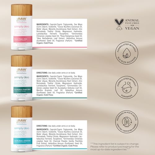 RAW SUGAR Aluminum Free Deodorant Stick, Simply Deo Variety Bundle (Pack of 3) Whole Body Deodorant for Women & Men, Clean Formulated without Baking Soda, Talc & Parabens, Variety Pack