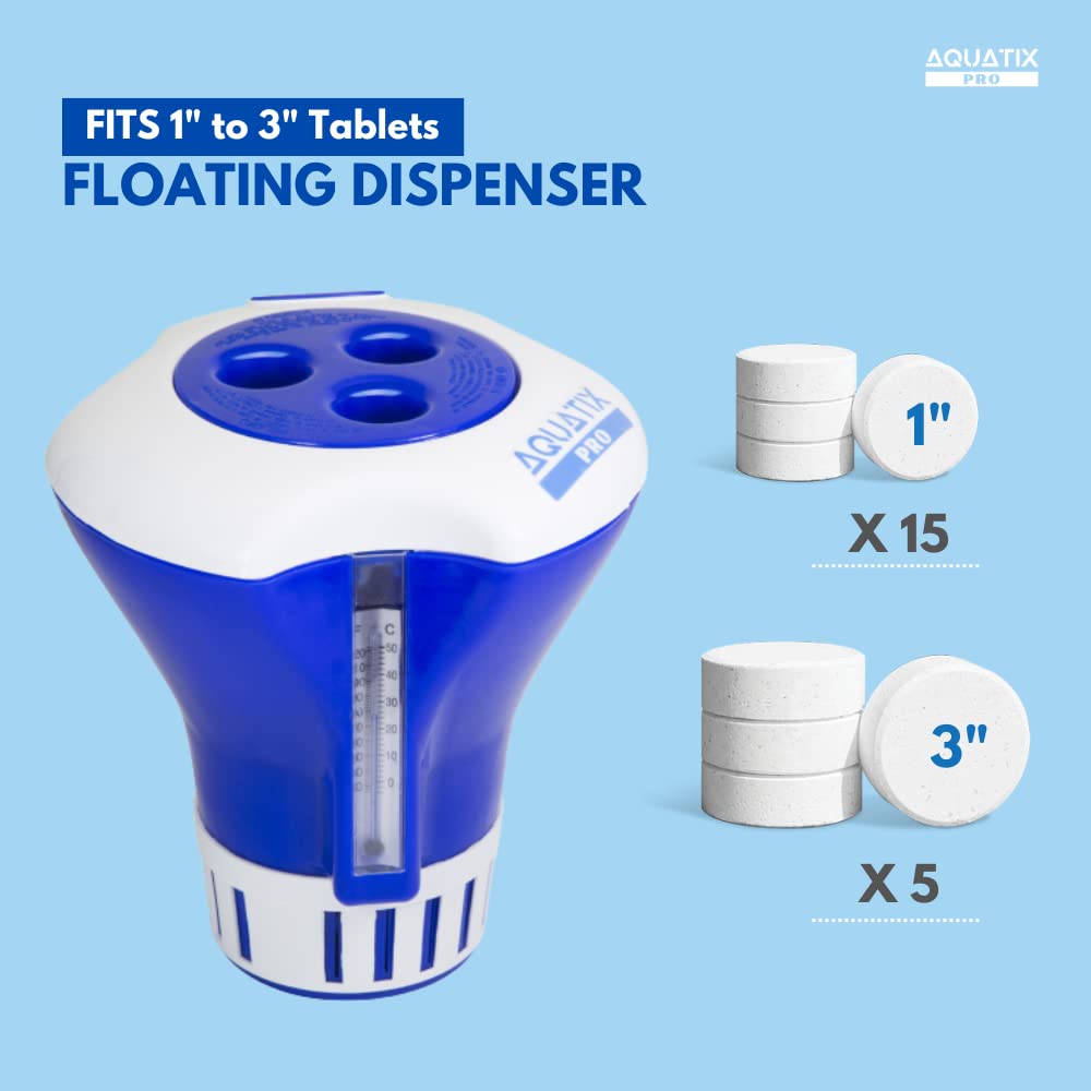 Aquatix Pro Pool Chlorine Floater Dispenser with Thermometer for 1 to 3 inch Tablets, Large & Durable Floating Dispenser for Spa, Hot Tub, In-ground & Above Ground Pools, Adjustable Flow Rate