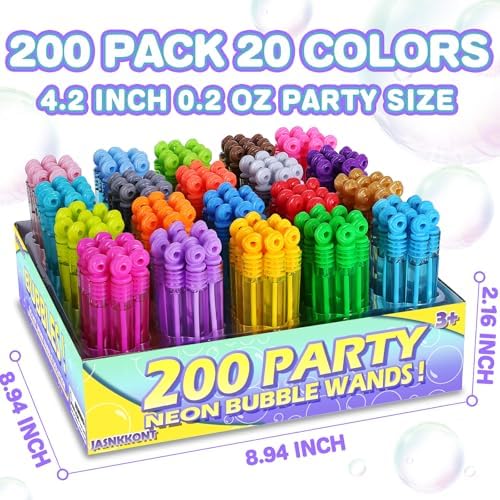 Mini Bubble Wands Bulk 200 Pack 20 Colors, Party Favors Toys for Kids Child, Christmas Celebration,Thanksgiving New Year, Themed Birthday, Wedding, Summer Outdoor, Bath Time, Gifts Box for Girls Boys