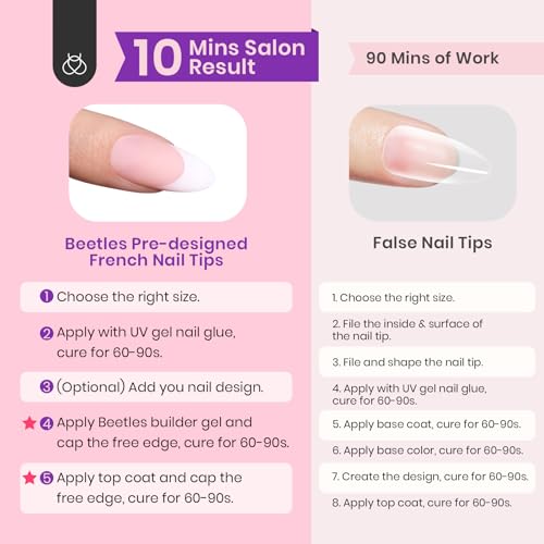 Beetles French Gel Nail Tips -White French Tip Press on Nails Medium Almond Pre-applied Tip Primer & Base Coat, No Need to File Fake Nails Pink Valentine's Day Gift for Women