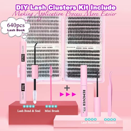 DAODER Wispy Lash Extension Kit 640Pcs Cluster Lashes Natural Look, Short Lash Clusters Kit 9-13mm 30D 40D 50D 60D D Curl Individual Lashes Kit with Lash Bond Seal Remover(30D+40D+50D+60D Kit 9-13mm)