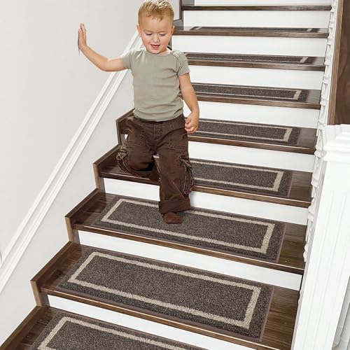 COSY HOMEER Soft Stair Treads 15pcs Non-Slip Carpet Mat 28inX9in Indoor Stair Runners for Wooden Steps,Stair Rugs for Kids and Dogs, 100% Polyester TPE Backing Brown,Square