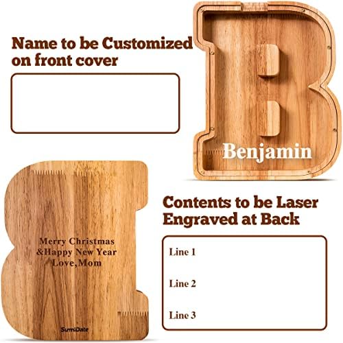 Summidate Customized Name Large Wooden Piggy Bank for Kids Boys Girls Alphabets Letter A-Z Coins Bills Money Change Bank Box Initial on Clear Cover (Laser Engraved) (Alphabet-B, Personalized-9")