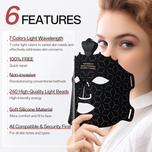 Red Light Mask - 7 Colors Red Light Mask for Face, Facial Skin Care at Home, Cordless, Ergonomic Design and Rechargeable for Home - Black