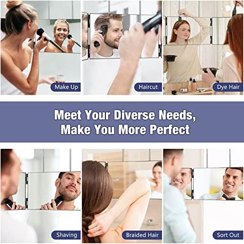 Dripex 3 Way Mirror for Self Hair Cutting, 360° Mirror for Men or Women, Trifold Self Haircut Mirror with Height Adjustable Hooks, for Makeup, Styling, Shaving, Braiding, Dye Hair (Black Without LED)