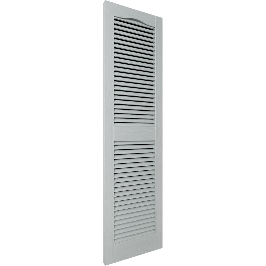 12"W x 25"H Lifetime Vinyl, Standard Cathedral Top Center Mullion, Open Louver Shutters, w/Installation Shutter-Lok's & Matching Screws (Per Pair), Platinum