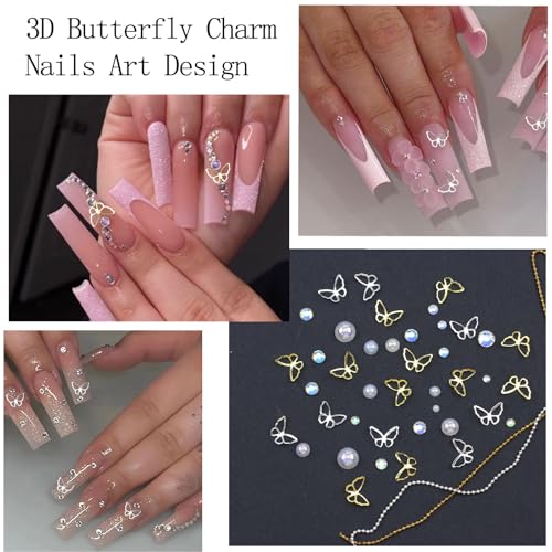 Flatback Nail Art Pearls Flower Bow Nail Charms with Nail Rhinestones Glue Gel Gold Silver Butterfly Nail Supplies Colorful Nail Pearls Rhinestones Gems for Women Acrylic Nail Decoratons