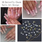 Flatback Nail Art Pearls Flower Bow Nail Charms with Nail Rhinestones Glue Gel Gold Silver Butterfly Nail Supplies Colorful Nail Pearls Rhinestones Gems for Women Acrylic Nail Decoratons