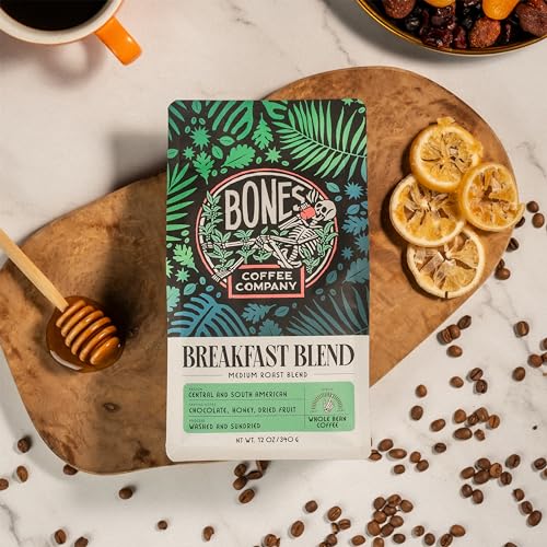 Bones Coffee Company Breakfast Blend Coffee Beans, Whole Bean Coffee Medium Roast Low Acid (12 oz)