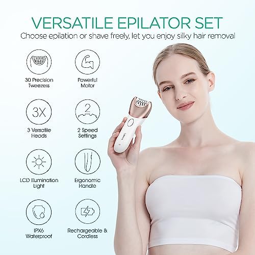 VOYOR Epilator for Women, 3 in 1 Epilator Hair Removal for Women, Epilators Hair Remover for Leg Arm with 30 Tweezers, Rechargeable & Cordless Electric Lady Shaver & Trimmer BM300 (Champagne Gold)