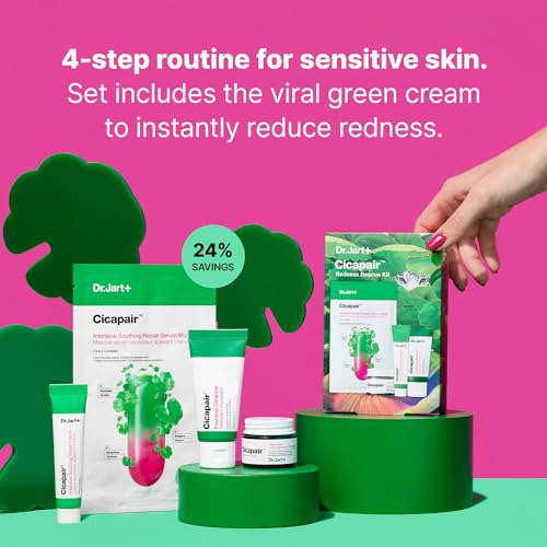 Dr.Jart+ Cicapair Redness Rescue Korean Skin Care Set, Travel Size Value Gift Set with Cicapair Color Correcting Cream, Face Wash, Cream Moisturizer, and Face Mask