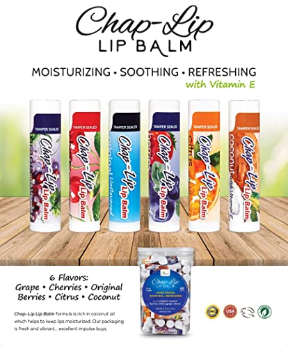 Vitamin E Lip Balm with Coconut Oil - Lip Moisturizer Treatment - Soothing, & Refreshing, Total Hydration Treatment & Lip Therapy - Assortment of 6 Refreshing Flavors, 60 Count