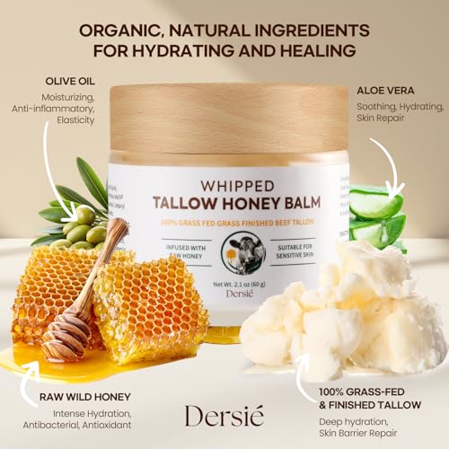 Beef Tallow for Skin with Honey Organic: 100% Grass-Fed Whipped Beef Tallow Balm for Deep Hydration, Skin Barrier Repair, Soothing - Tallow Moisturizer for Face & Body for Women, Men & Kids (2.1 oz)