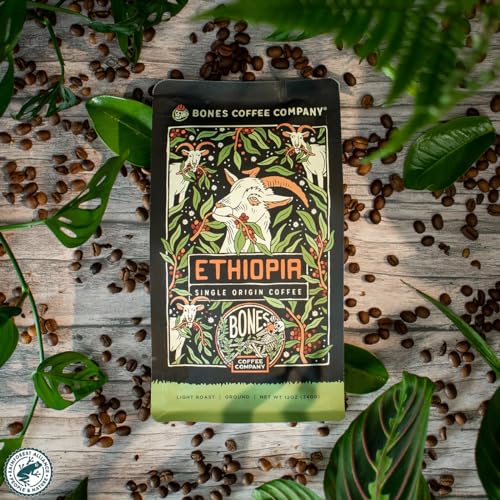 Bones Coffee Company Ethiopia Single-Origin Coffee Beans, Light Roast Ground Coffee Gifts Low Acid Gourmet, Citrus, Floral, Berries Notes (12 oz)