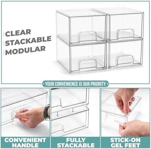 Sorbus Acrylic Storage Containers - 4 Pack, Stackable Storage Bins Set for Bathroom Organization - Clear Acrylic Drawer Organizers - Makeup Case Pull-Out Drawers (4.4’’ Tall)