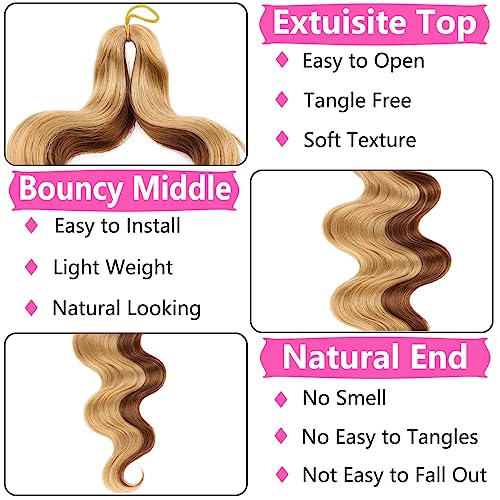 COOKOO 9 Packs Body Wave Braiding Hair 14 Inch Pre Feathered Mix Blond and Brown Bouncy Braiding Hair French Curl Wavy Braids Ocean Deap Twist Synthetic Hair for Boho Box Braids(27M30#)
