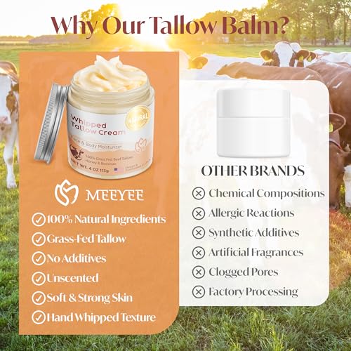 Beef Tallow moisturizer for Skin - Grass fed beef tallow honey Balm for face body dry skin (4 oz, Refreshing)