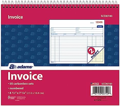 Adams Spiral Invoice Book, 8 1/2 x 7 1/4 Inches, 2-Part, Carbonless, White/Canary, 50 Sets per Book (SCD8740)