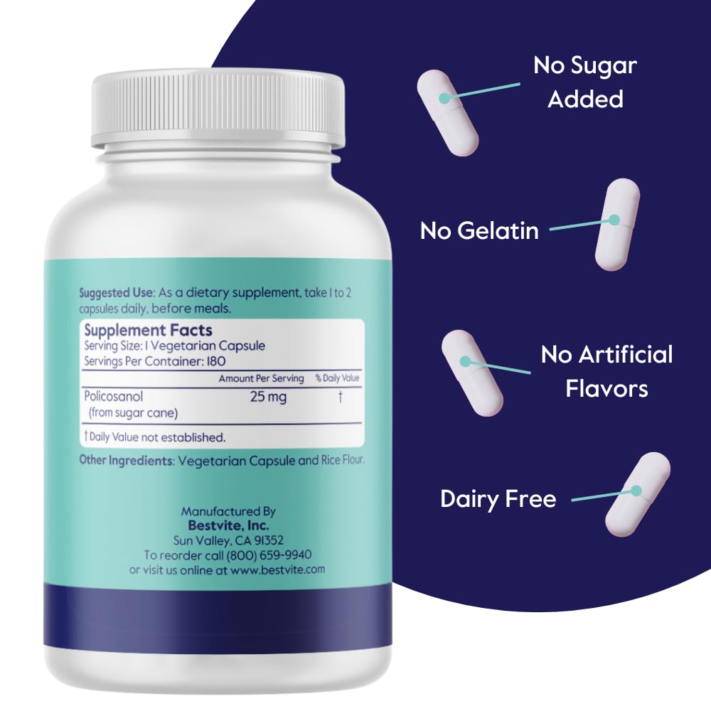 BESTVITE Policosanol 25mg (180 Vegetarian Capsules) - No Stearates - No Flow Agents - Vegan - Non GMO - Gluten Free