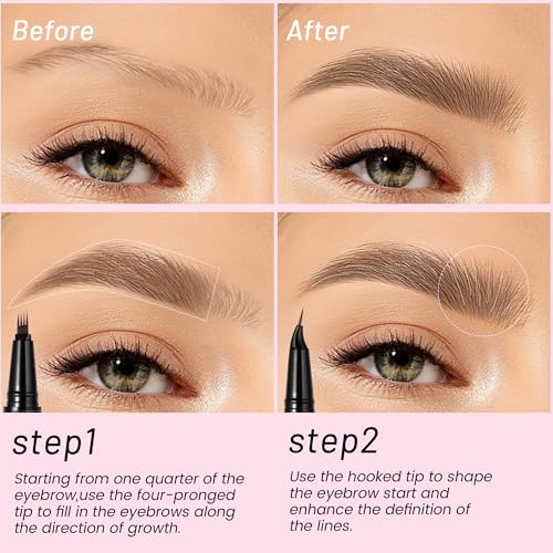 Curved Eyebrow Pen, 2 in 1 Dual Ended Microblading Eyebrow Pencil, Waterproof and Last All Day 4 Tip Brow Pencil with Precise Tip, Create Natural Hair Like Brows and Eyeliner (Natural Brown)