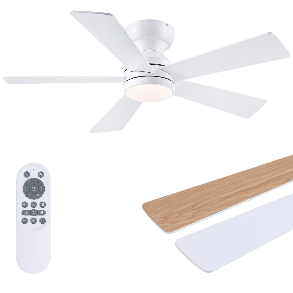 BYKISTOK 46" Flush Mount Ceiling Fan with Lights - White Modern Fan Light with Reversible Mute Motor, 3CCT Dimmable, Wind Speeds Adjustable, Low Profile Light Fixure for Indoor Use, Bedroom