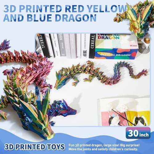 Large 3D Printed Dragon,30 Inch 3D Dragon Toys,Bigger Fidget Crystal Animals Toys, 3D Printed Articulated Animals for Home Office Car Desk Decor (Red Gold Blue, 30 inch)