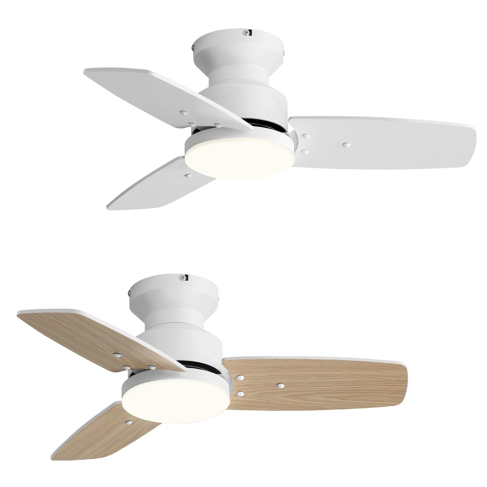 Conciseer 30 Inch Ceiling Fans with Lights and Remote, Bedroom Living Room Office, Flush Mount, 6CCT Dimmable, Dual Color 3 Blades, 6 Speed Reversible Quiet DC Motor, White/Wood Grain, 2 Pack